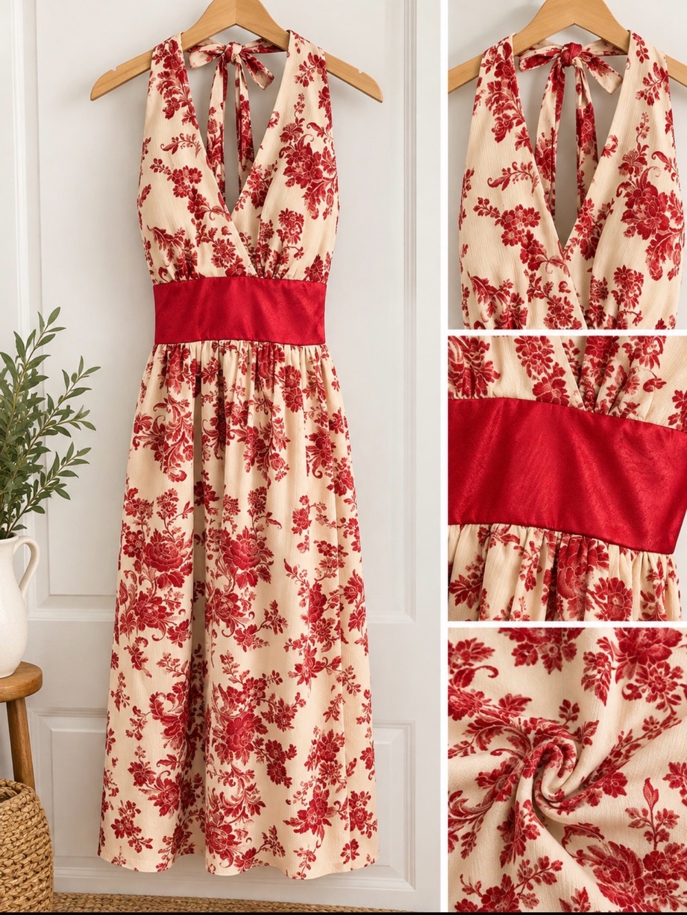 Roulette Red Floral Halter Tea length Dress on Cream